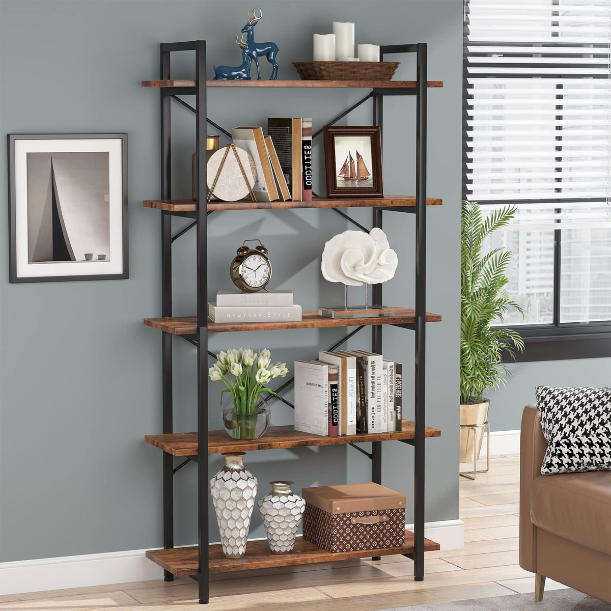 5 Tier Industrial Bookshelf with Metal Frame M7212
