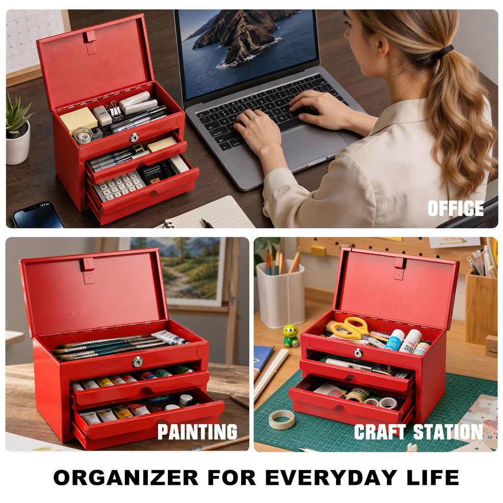 Mini Tool Box with Two Drawers and Lockable Top Storage, Red B806
