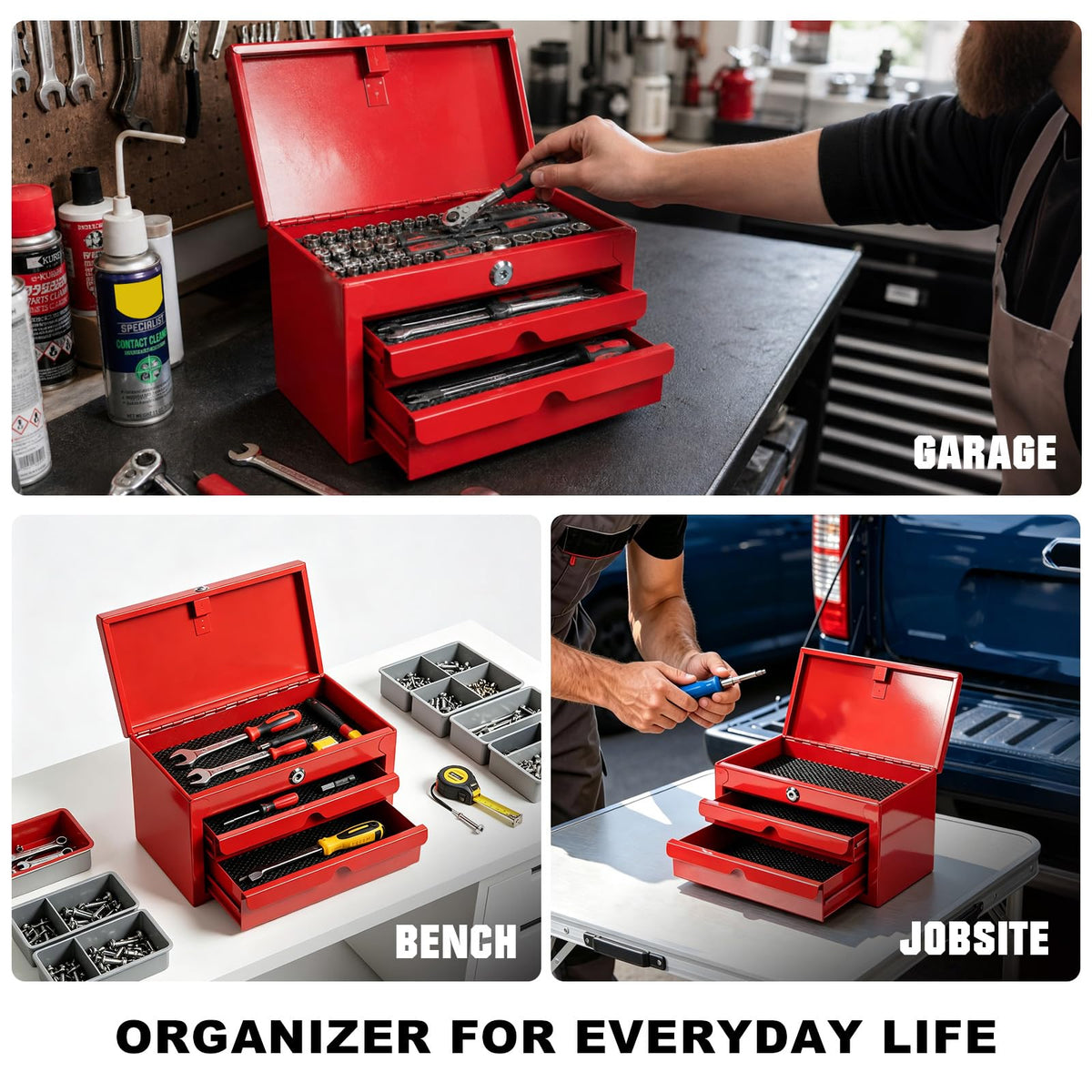 Mini Tool Box with Two Drawers and Lockable Top Storage, Red B806