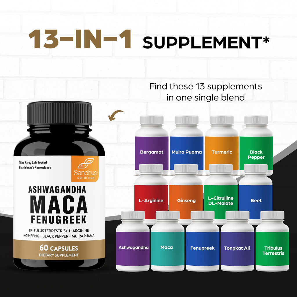 Maca Root Fenugreek Ashwagandha L-Arginine Ginseng Muira Puama Herbal Supplement 60 Capsules G666