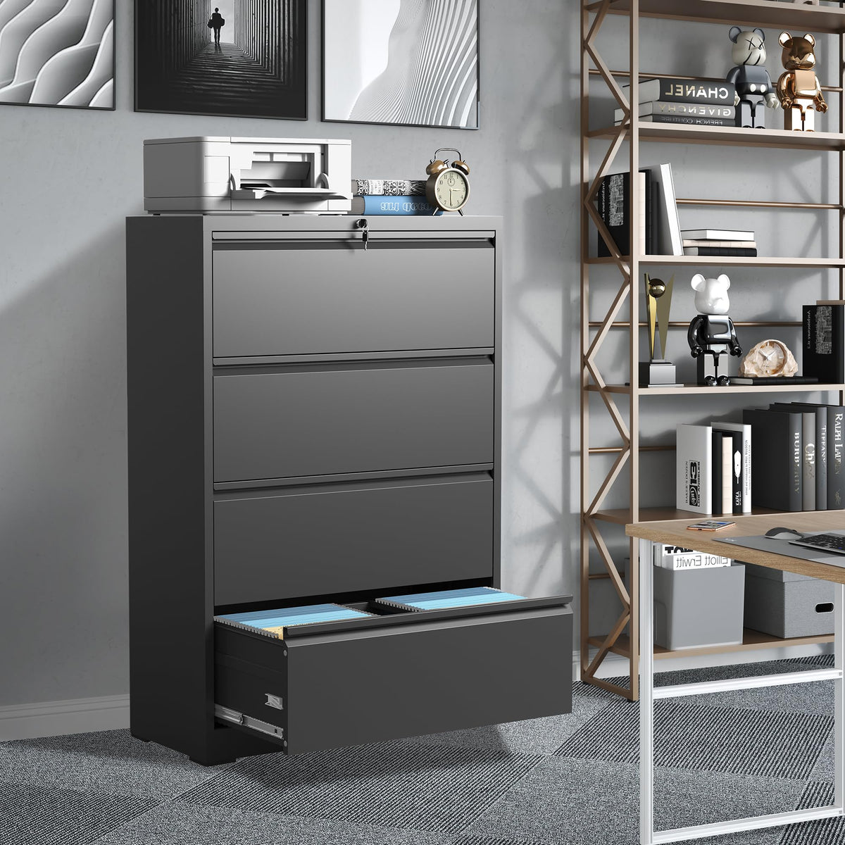 Black 4 Drawer Metal Lateral File Cabinet with Lock Y930956