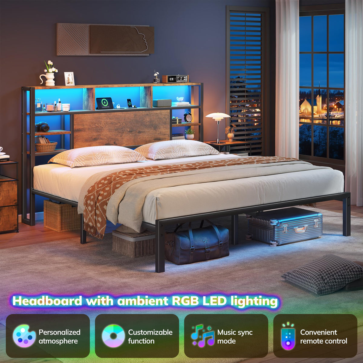King Bed Frame with Storage Headboard and Charging Station F93628