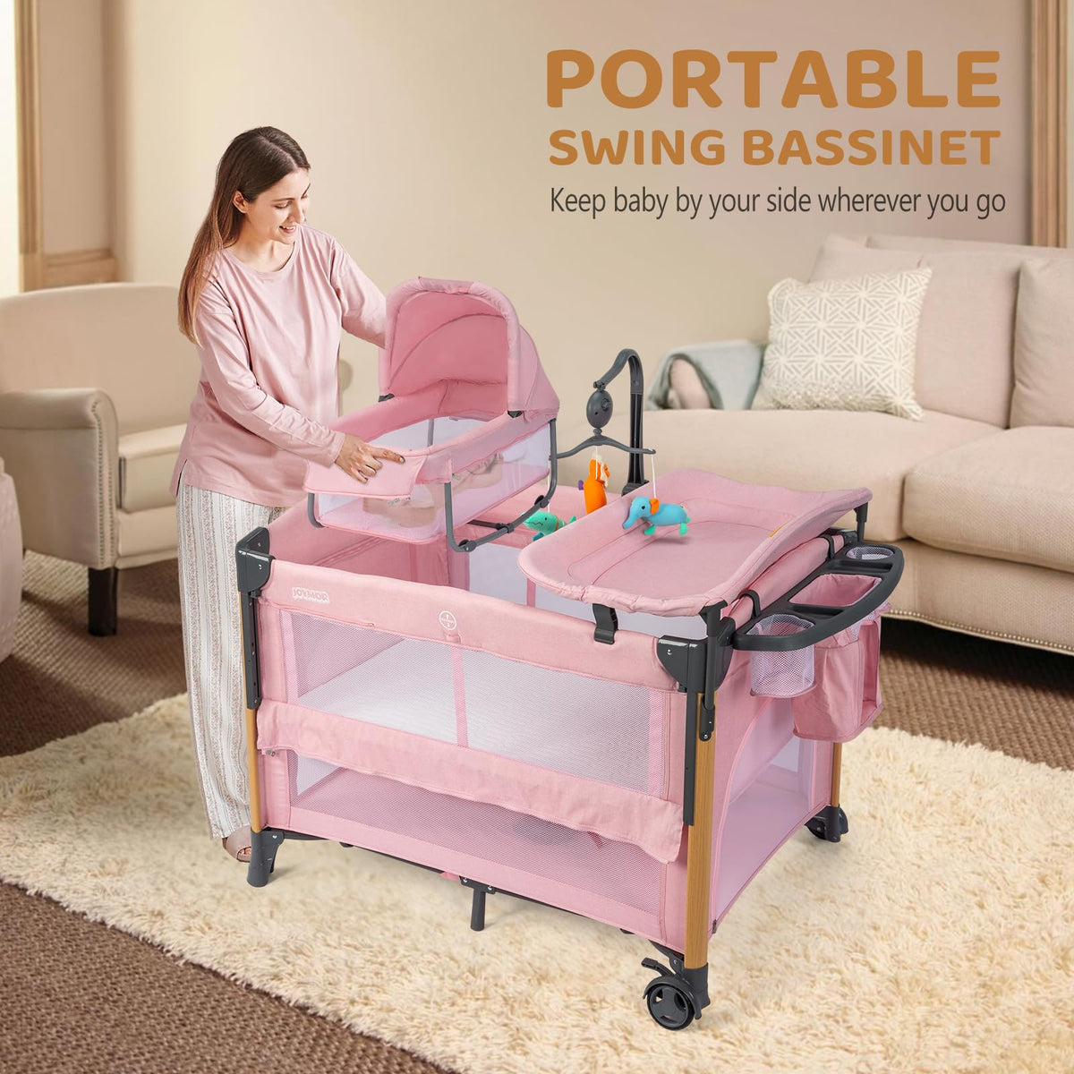 7 in 1 Pink Bedside Bassinet with Changing Table S78728