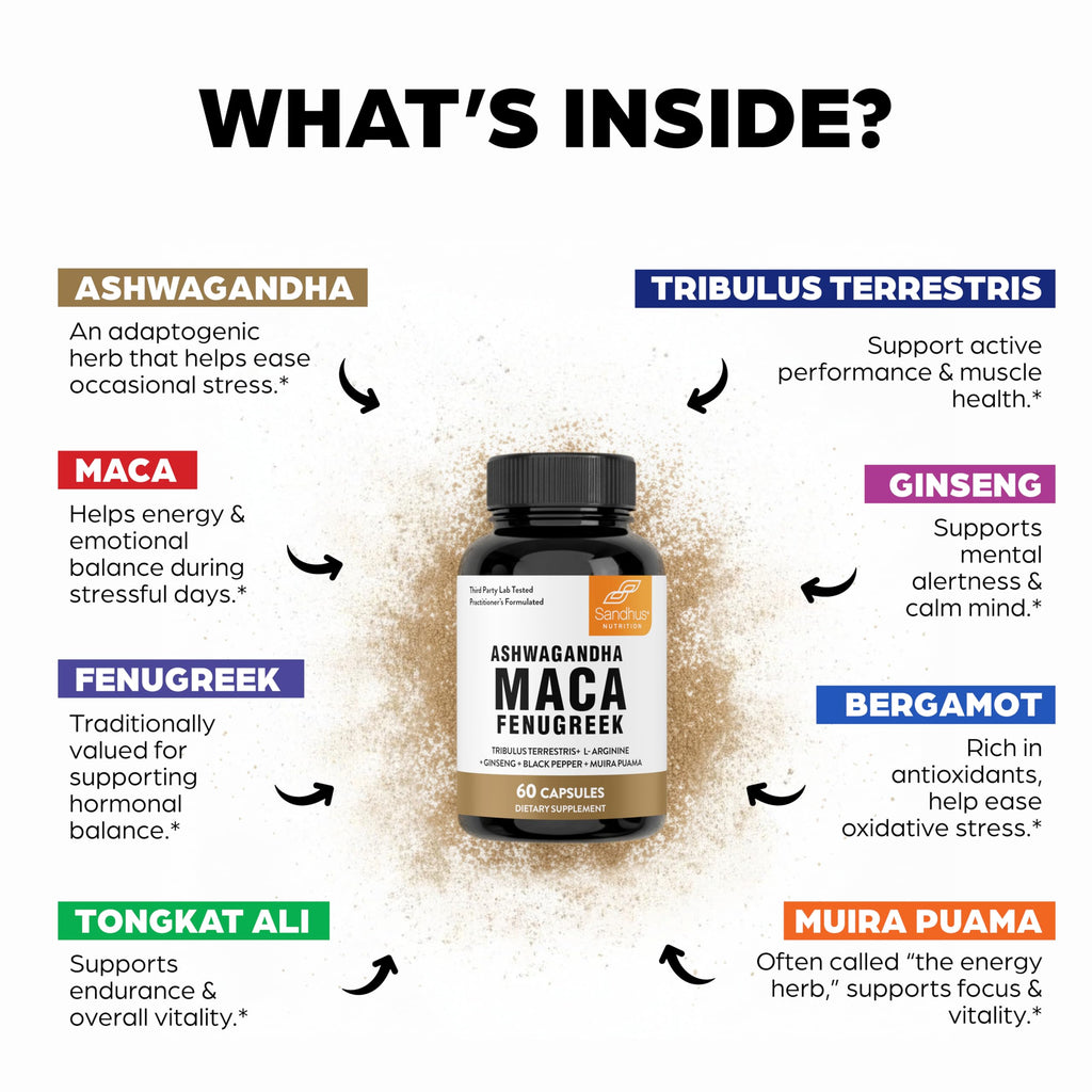 Maca Root Fenugreek Ashwagandha L-Arginine Ginseng Muira Puama Herbal Supplement 60 Capsules G666