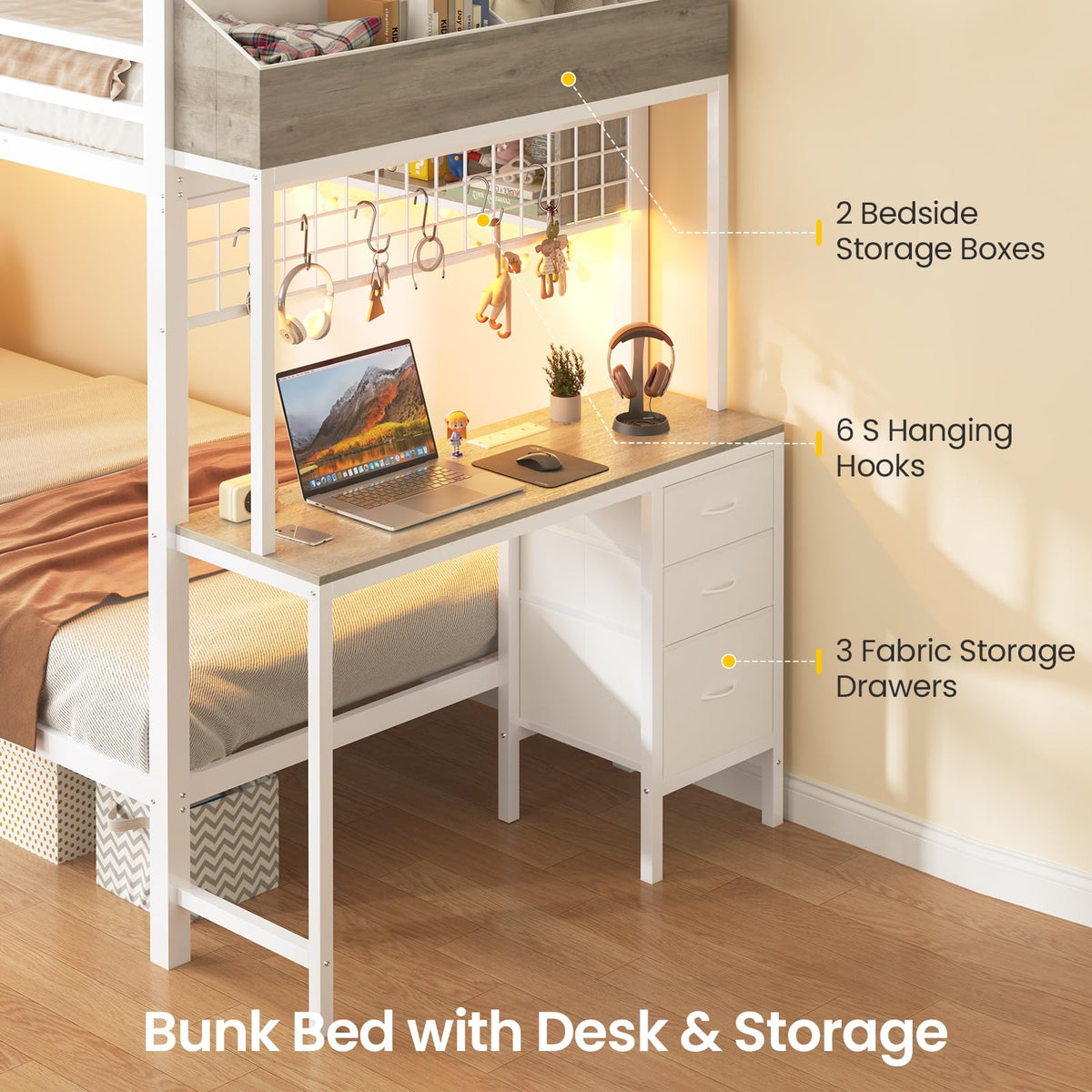 White Twin Over Twin Metal Bunk Bed with Desk and 3 Storage Drawers I130