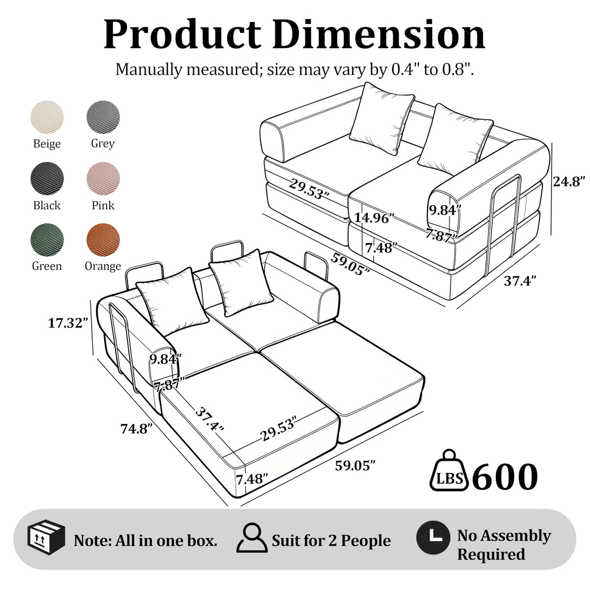Green Corduroy Convertible Sofa Bed with 2 Pillows R19334