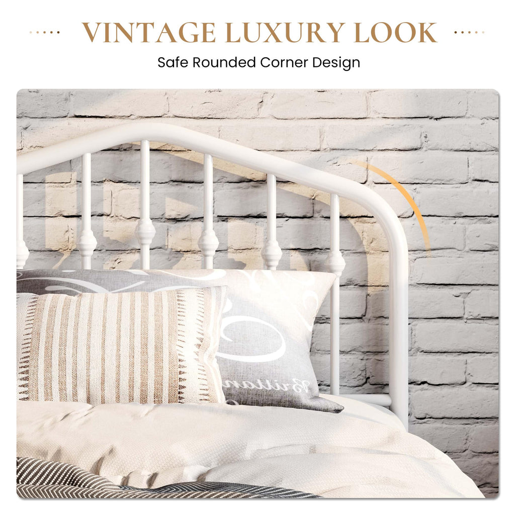 Twin Size White Metal Bed Frame with Wrought Iron-Art Headboard J160