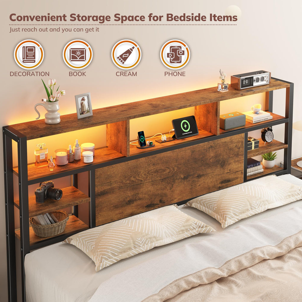 King Bed Frame with Storage Headboard and Charging Station F93628