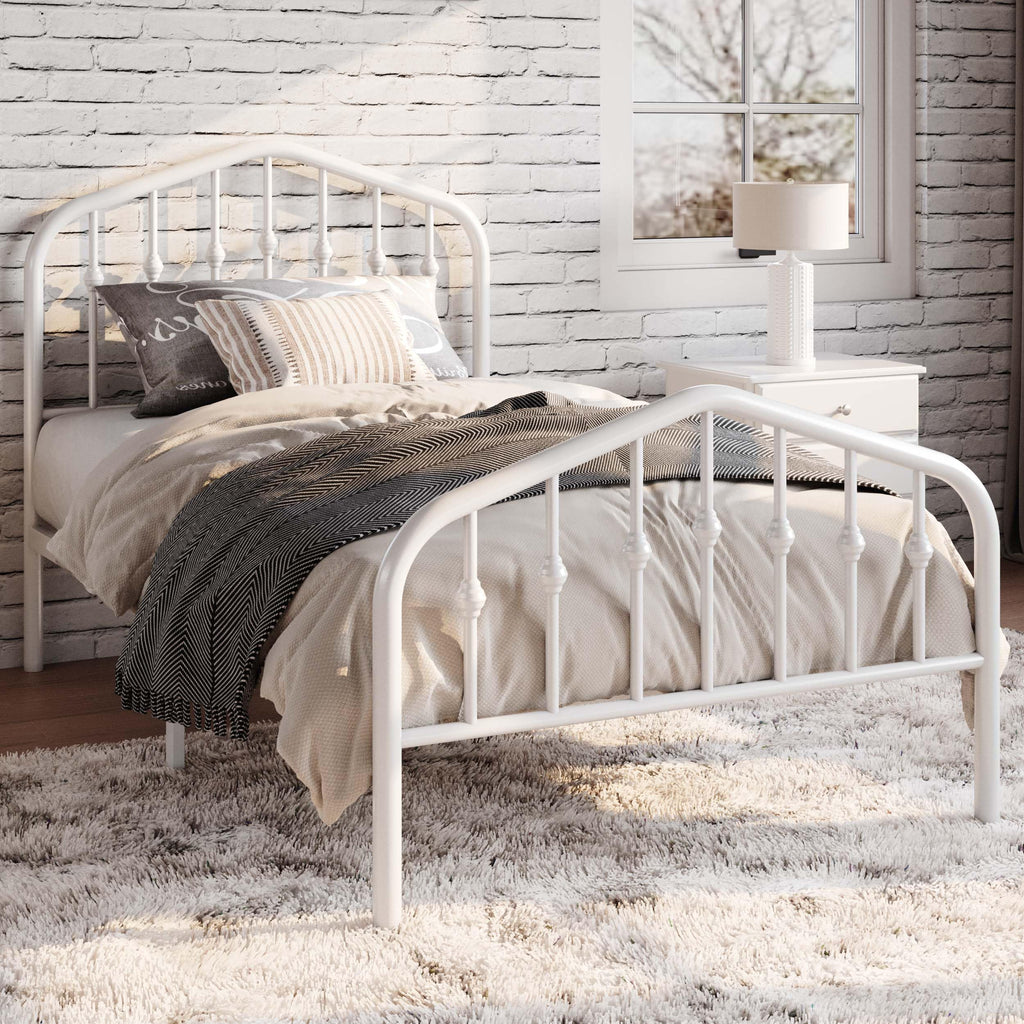 Twin Size White Metal Bed Frame with Wrought Iron-Art Headboard J160
