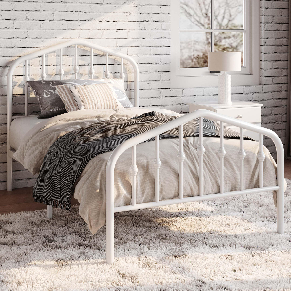 Twin Size White Metal Bed Frame with Wrought Iron-Art Headboard J160