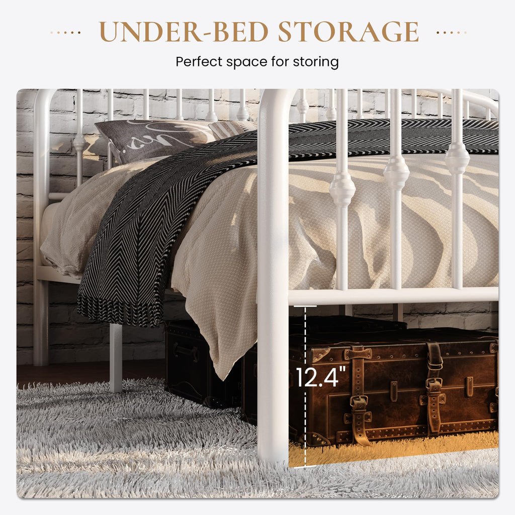 Twin Size White Metal Bed Frame with Wrought Iron-Art Headboard J160