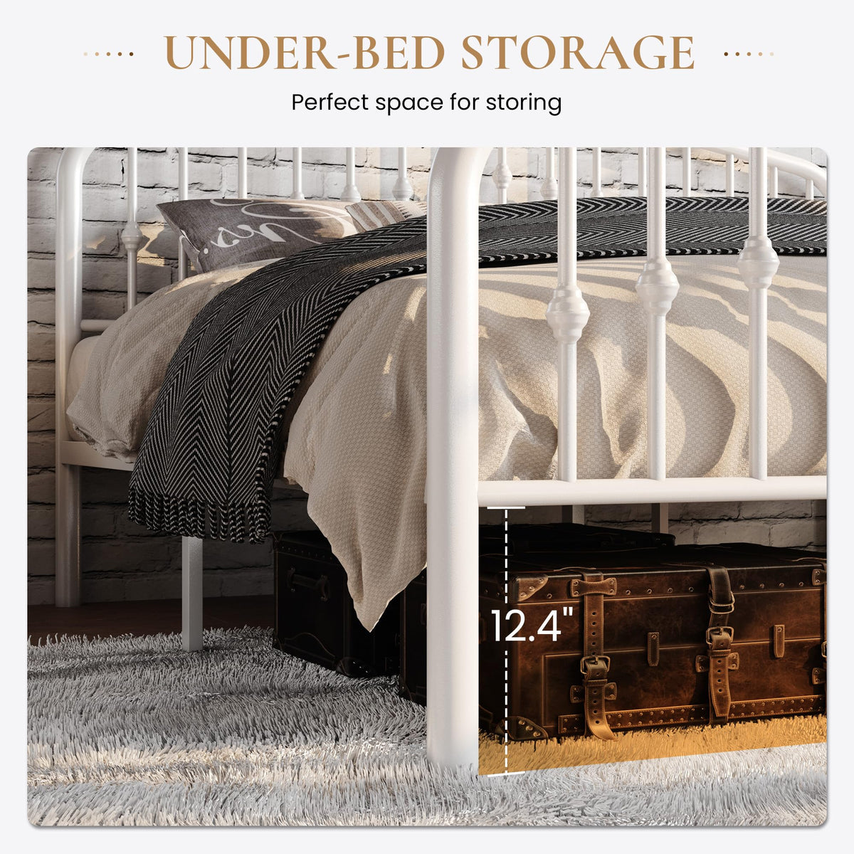 Twin Size White Metal Bed Frame with Wrought Iron-Art Headboard J160