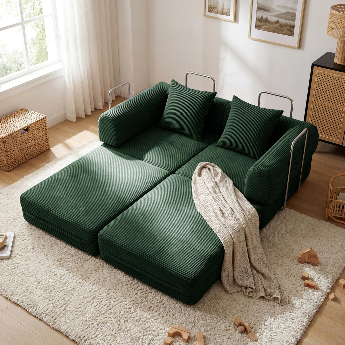 Green Corduroy Convertible Sofa Bed with 2 Pillows R19334