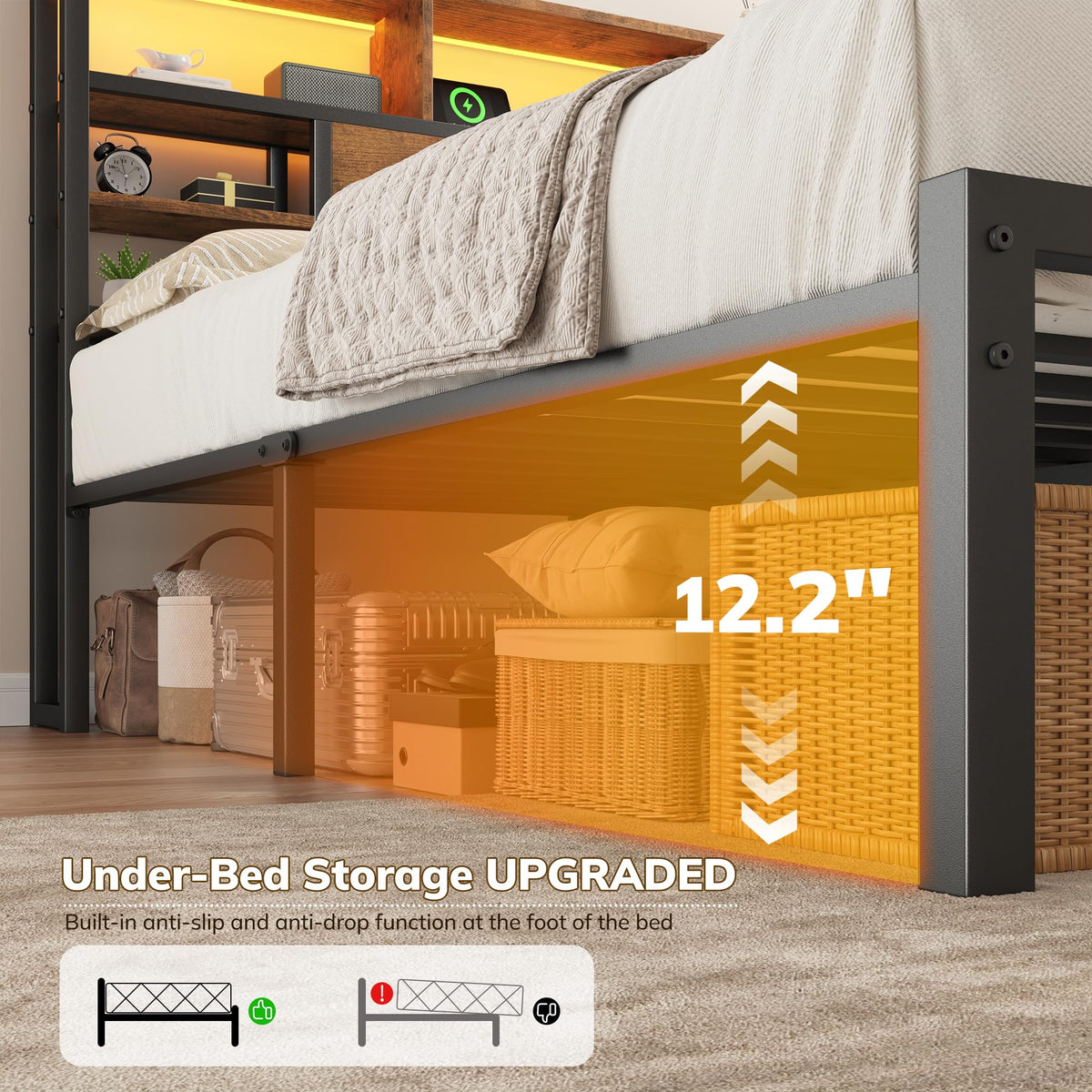 King Bed Frame with Storage Headboard and Charging Station F93628