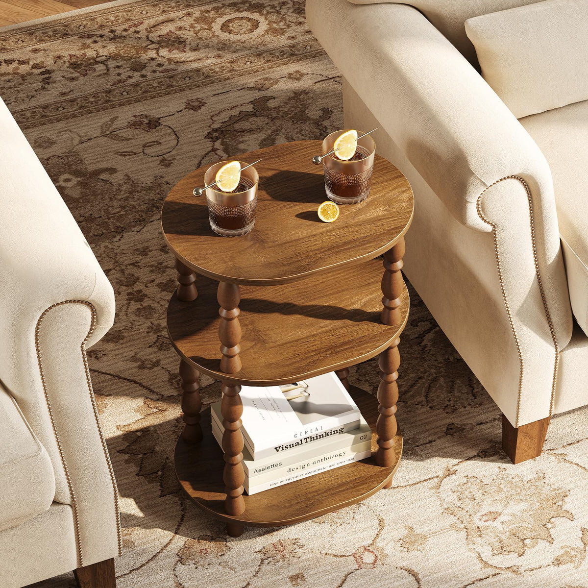 3-Tier Oval Wood Side Table with Storage Shelf B389