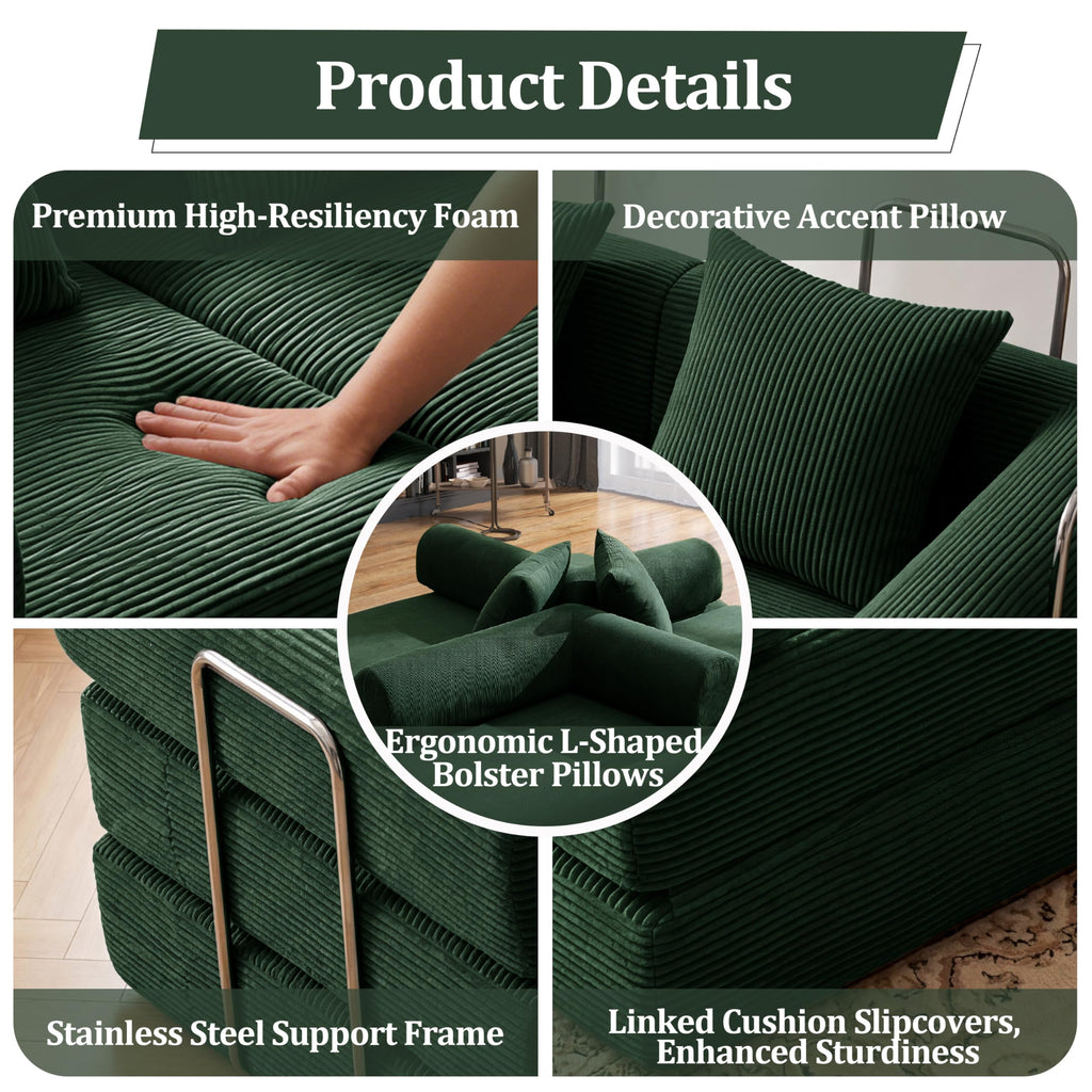 Green Corduroy Convertible Sofa Bed with 2 Pillows R19334