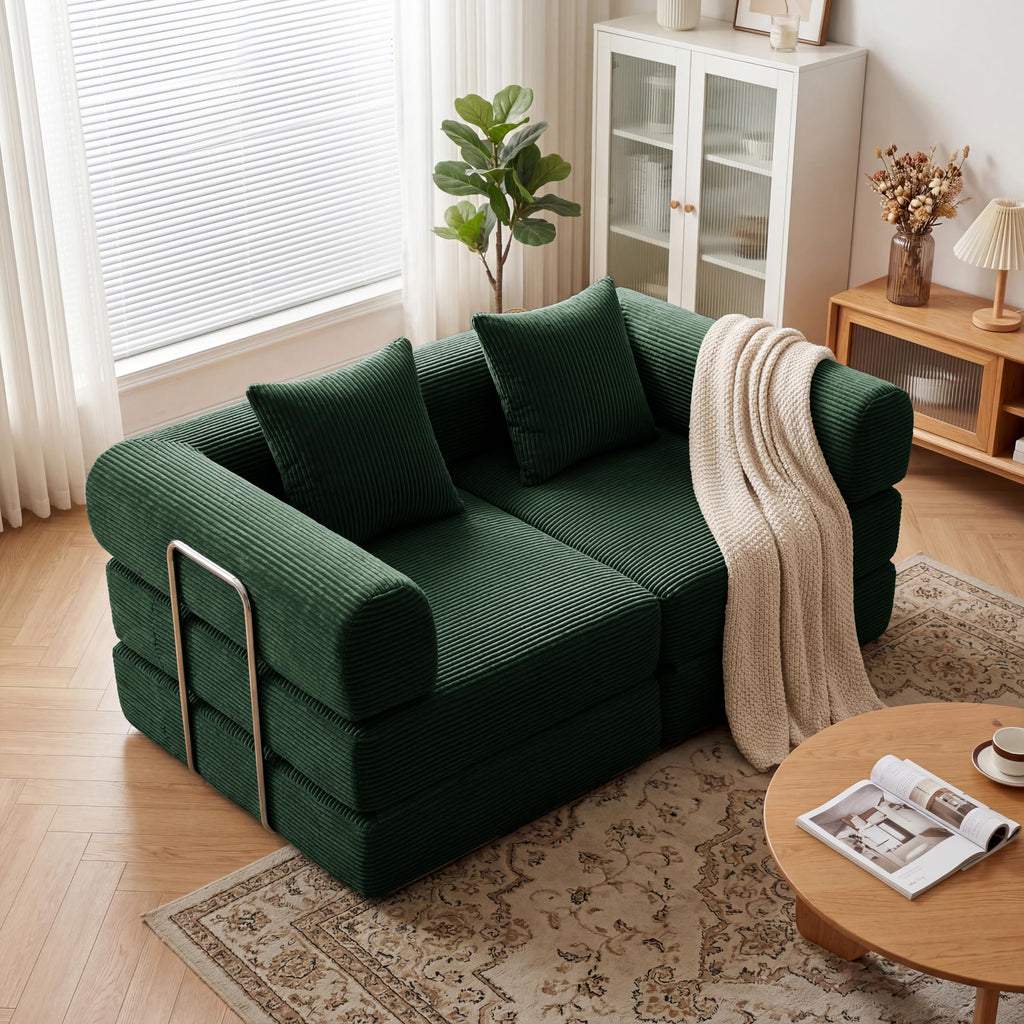 Green Corduroy Convertible Sofa Bed with 2 Pillows R19334