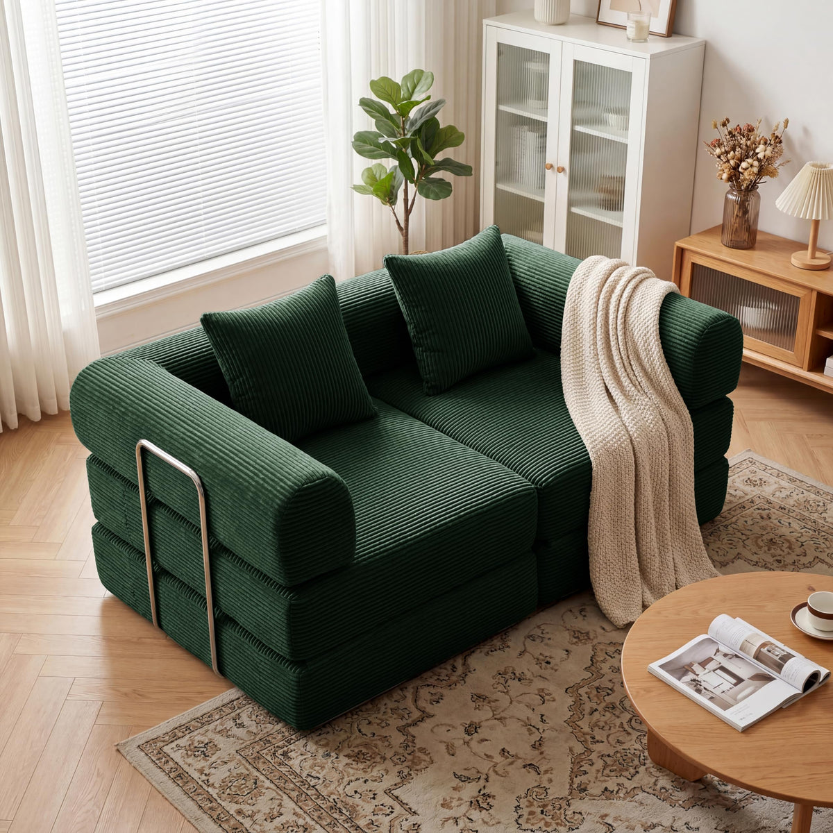Green Corduroy Convertible Sofa Bed with 2 Pillows R19334