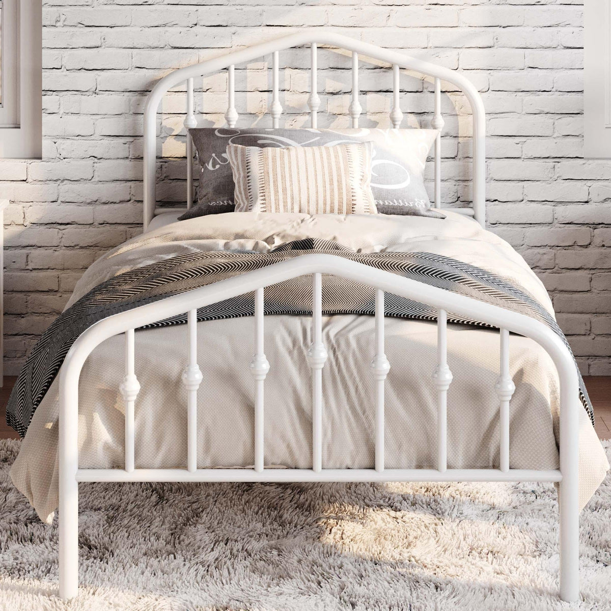 Twin Size White Metal Bed Frame with Wrought Iron-Art Headboard J160