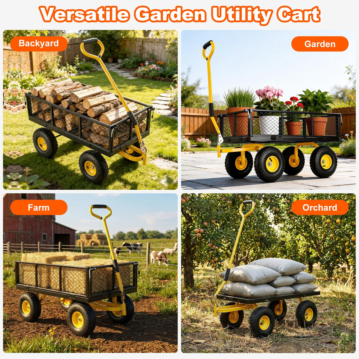 Heavy Duty Steel Garden Cart with Handle & 10" All Terrain Tires Z3321